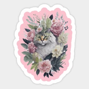 Fluffy Cat around Flowers: Scattered Watercolor in Pastel Colors Sticker